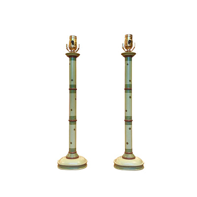 A Pair of Paint-Decorated Candlestick Lamps in Green & Brown  | Newport Lamp And Shade | Located in Newport, RI