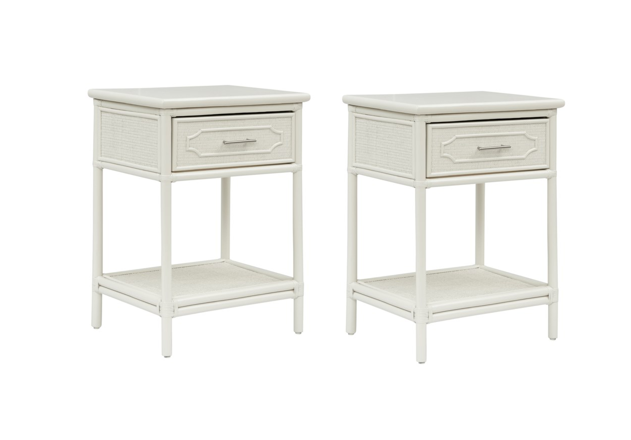 A Pair of White-Painted Rattan Side Tables  | Newport Lamp And Shade | Located in Newport, RI