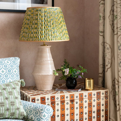 A Blonde Ribbed Vase Ceramic Table Lamp by Penny Morrison | Newport Lamp And Shade | Located in Newport, RI