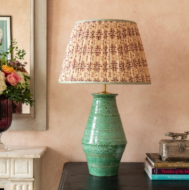16" Cream & Plum Lampshade with Mint Trim by Penny Morrison  | Newport Lamp And Shade | Located in Newport, RI