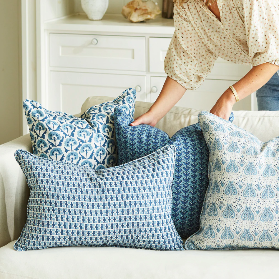 Avignon Azure Linen Cushion 20" x 20"  | Newport Lamp And Shade | Located in Newport, RI