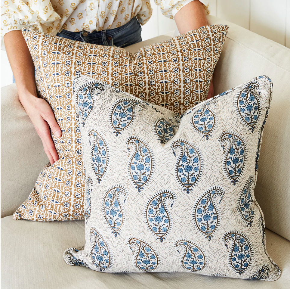 Paisley Tobacco Linen Cushion 20" x 20"  | Newport Lamp And Shade | Located in Newport, RI