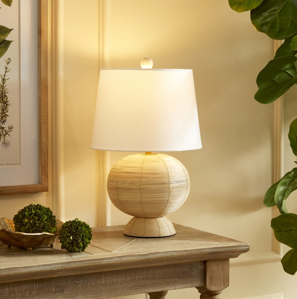 Rattan Hourglass Table Lamp  | Newport Lamp And Shade | Located in Newport, RI