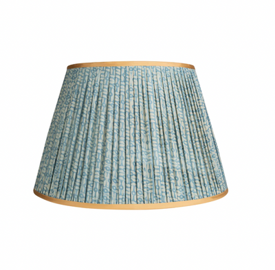 16" Blue & White Tribal Pleated Lampshade with Gold Trim by Penny Morrison | Newport Lamp And Shade | Located in Newport, RI