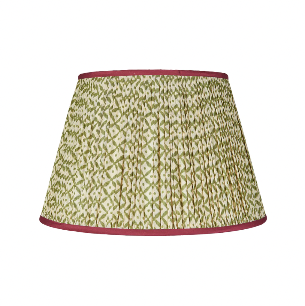 16" Penny Morrison Green Trellis pleated silk lampshade with Red Trim | Newport Lamp And Shade | Located in Newport, RI