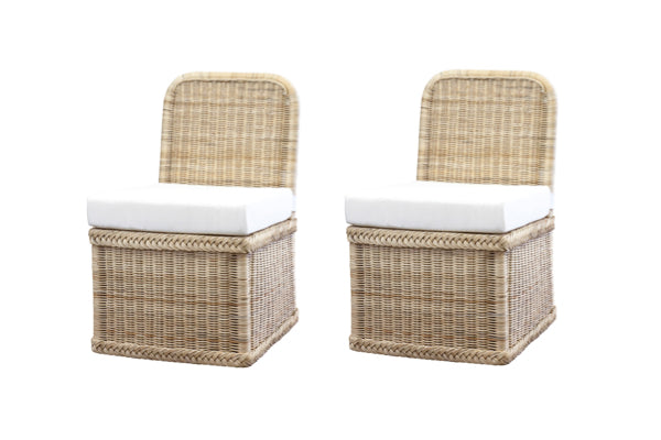 A Pair of Woven Wicker Slipper Chairs with White Seat Cushions  | Newport Lamp And Shade | Located in Newport, RI