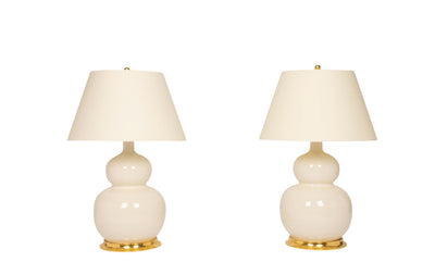 A Pair of Stout Double Gourd Lamps in Clear Crackle by Christopher Spitzmiller  | Newport Lamp And Shade | Located in Newport, RI