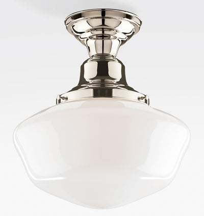 Rejuvenation Rose City 6" Fitter Semi Flush in Polished Nickel with 12" Opal School House Shade | Newport Lamp And Shade | Located in Newport, RI