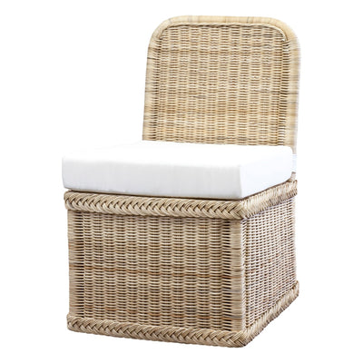 A Pair of Woven Wicker Slipper Chairs with White Seat Cushions  | Newport Lamp And Shade | Located in Newport, RI
